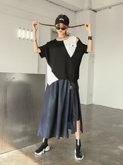 Round Neck Color Block Irregular Loose T-Shirt