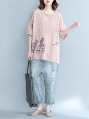 Loose Short Sleeves Printed Plant T-Shirt