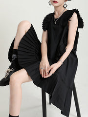 Asymmetric Pleated Pure Color Split-Joint Flying Sleeves Roomy Round-Neck Midi Dresses