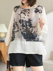 Round Neck Split-Joint Jacquard Casual Blouse