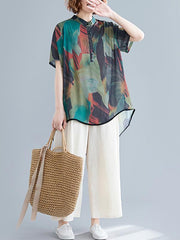 Chiffon Printed Short Sleeves Shirt + Wide Leg Pants Suits