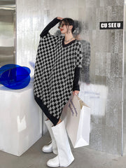 Loose Plaid V-Neck Knitted Midi Dress