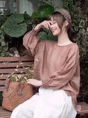 Lantern Sleeve Solid Loose Round Neck T-Shirt