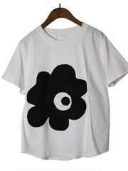 Round Neck Embroidery Small Flowers T-Shirt Tops