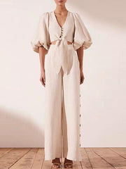 Fashion Lantern Sleeve Belted Tops&High Waist Wide Leg Pants Suits