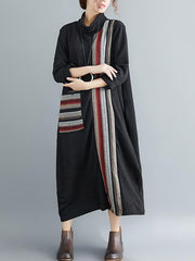 Casual Striped High-neck Midi Dress