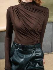 Urban Solid Color Ruffled Long Sleeves High-Neck T-Shirt