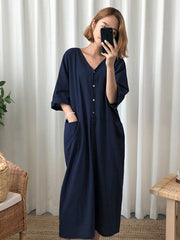 Loose V-Neck Half Sleeves Solid Maxi Dress