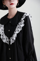 Retro Loose Splicing Polka-Dot Shirt Dress