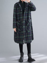 Coil Button Hooded Plaid Coat