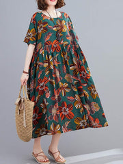 Vintage Floral Round-Neck Short Sleeve Dress