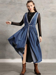 Two-Pieces Vintage Embroidered Jean Turtleneck Dress Set