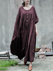 Simple Purple Solid Color Ramie Cotton Long Dress