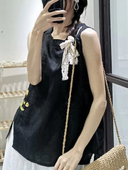 Solid Color Embroidery Printed Loose Sleeveless Casual T-Shirt