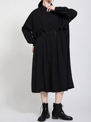 Lapel Solid Long Sleeves Hollow Midi Dress