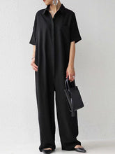 Women Solid Color Lapel Casual Jumpsuit
