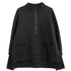 Mock Neck Zipper Black Solid Sweatshirt