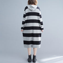 Loose Striped Hooded Knitted Midi Dress
