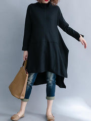 Solid Loose Turtleneck Asymmetric Mid-Length Sweatshirt