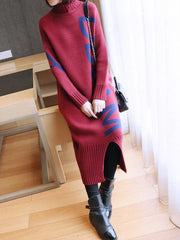 Letter Printed High Neck Sweater Dress