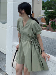Original Solid V-Neck Puff Sleeve Dress