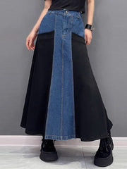 Buttoned Contrast Color Split-Joint A-Line Roomy Denim Skirts Bottoms