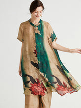 Artistic Retro Floral Stamped Buttoned Stand Collar Short Sleeves Blouse&Wide Legs Pants 2 Pieces Set