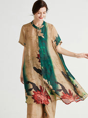 Artistic Retro Floral Stamped Buttoned Stand Collar Short Sleeves Blouse&Wide Legs Pants 2 Pieces Set