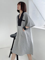 Lapel Color Matching Loose Thin Straight T-Shirt Dress