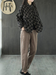 Women Plaid Retro Loose Stand Collar Long Sleeve Shirt