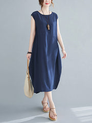 Retro Round Neck Solid Color Midi Dress