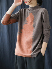 Women High Collar Retro Color Matching Pullover Sweater