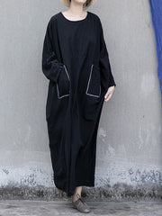 Women Round Neck Pocket Loose Long Sleeve Dress