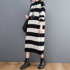 Loose High Neck Wide Striped Knitted Sweater Dress