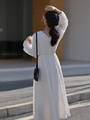 Women Loose V-Neck Long Sleeve Dress
