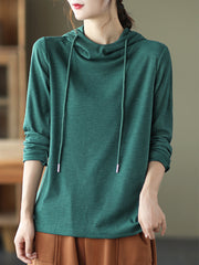 Solid Color Pit Striped Hooded Loose T-Shirt