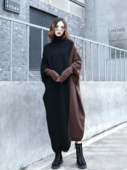 Women Stitching Contrast Color Knitted Sweater Maxi Dress