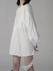 Retro Solid Color Lantern Sleeve Shirt Dress