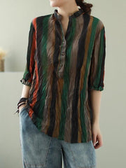 Vintage Floral Three-Quarter Sleeve Stand Collar Shirt