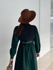 Urban Color-Block Lapel High-Waist Midi Dress