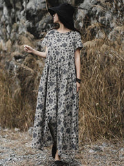 Literary Floral Ramie Cotton Long Dress