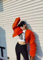 Women High Waist Lantern Sleeve Casual Pleated Coat
