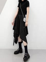 Punk Irregularity Tasseled Rivet Solid Chiffon Skirt