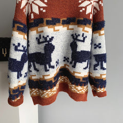 Women Retro Round Neck Loose Pullover Sweater