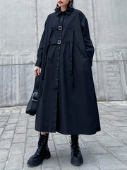 Women Lapel Solid Color Long Sleeve Loose Dress