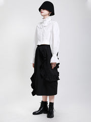 Women Stand Collar Solid Color Ruffle Shirt
