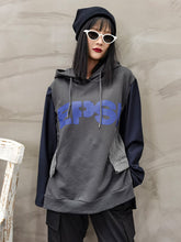 Split-Joint Denim Hooded Printed Sweatshirt