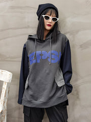 Split-Joint Denim Hooded Printed Sweatshirt
