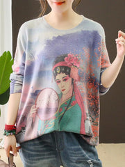 Vintage Opera Figure Printed Round-neck Sweater