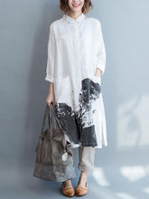 White Linen Lapel Loose Blouse Long Dress